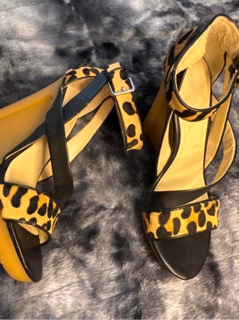 Calvin Klein Black and Yellow Leopard Wedge Sandals
